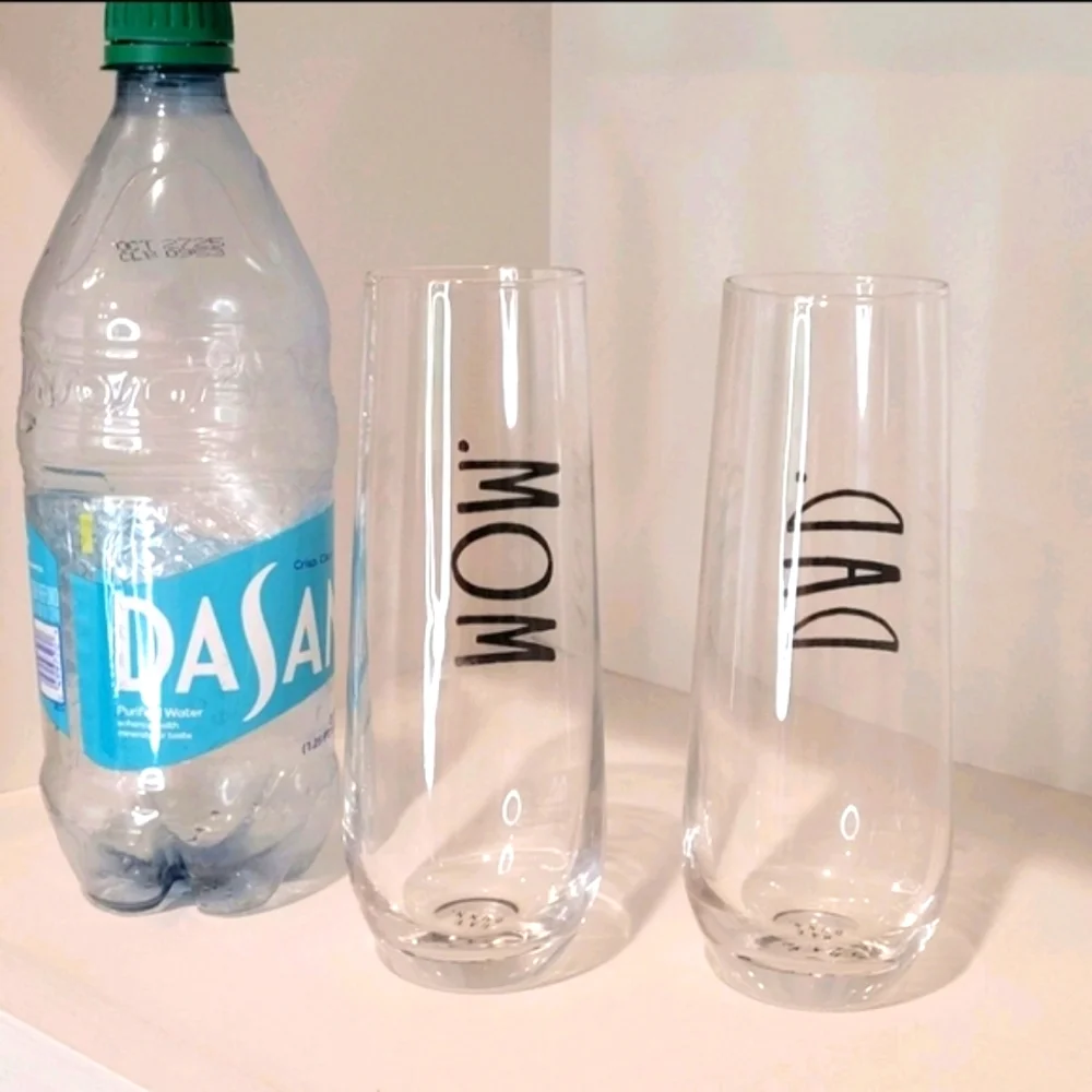 Rae Dunn MOM And DAD‎ Stemless Champagne Flutes Glasses Anniversary Holiday Gift